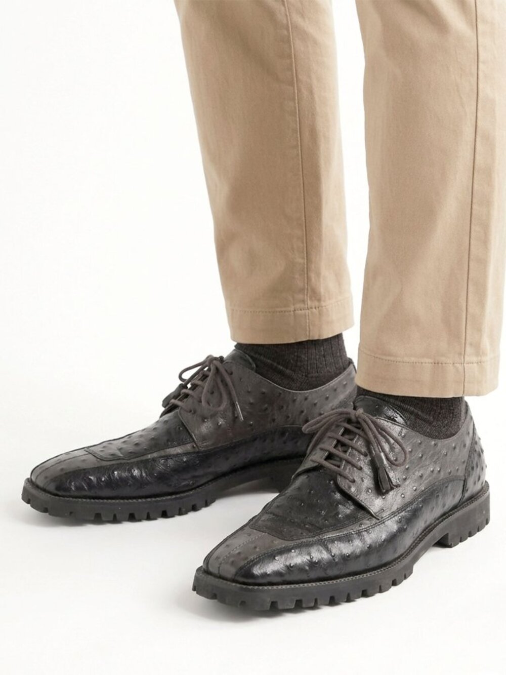Gorgio Bruntini Ostrich Embossed Leather Oxford Shoes Dress Loafers Grey Black